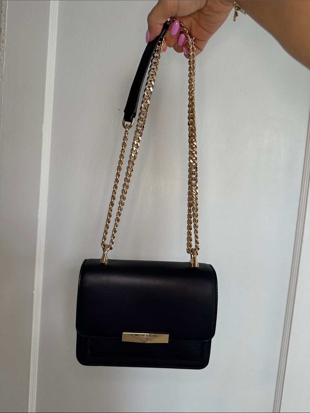 Michael Kors Black Leather Crossbody with Gold Chain Strap